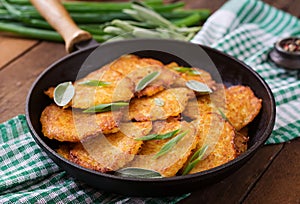 Fried potato pancakes in a frying pan