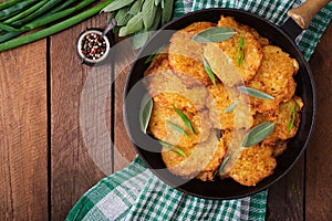 Fried potato pancakes in a frying pan