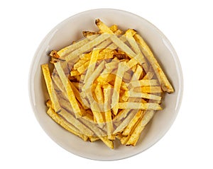 Fried potato straws in bowl  isolated on white. Top view