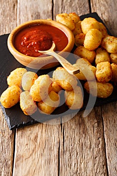 Fried Potato Tater Tots and ketchup close-up. vertical