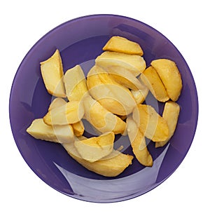 Fried potato wedges on a plate. fried potato veggies isolated on white background.   food top view