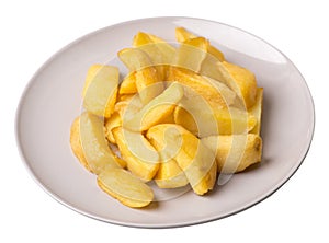 Fried potato wedges on a plate. fried potato veggies isolated on white background.   food top view