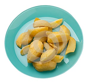 Fried potato wedges on a plate. fried potato veggies isolated on white background. food top view