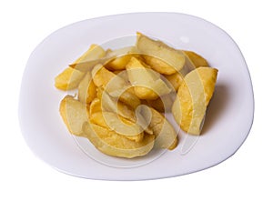 Fried potato wedges on a plate. fried potato veggies isolated on white background.   food top view