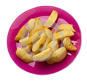 Fried potato wedges on a plate. fried potato veggies isolated on white background. food top view