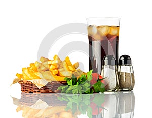 Fried Potatoes with Cold Ice Cola On White Background