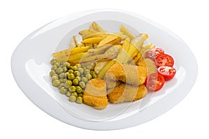 Fried potatoes, green peas, tomato cherry, chicken nuggets in glass plate isolated on white