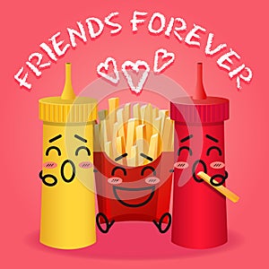 Fried potatoes and ketchup and mustard cartoon