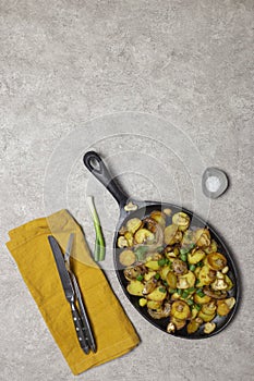 Fried potatoes with mushrooms and onion in iron pan at gray background