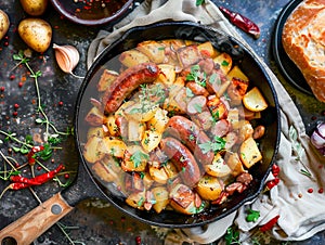 Fried Potatoes and Sausages in Skillet