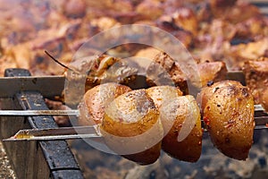 Fried potatoes on skewers, roasted on fire . Delicious food cooked on fire. close up