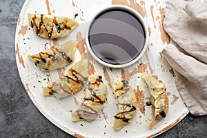 Fried potstickers with balsamic glaze covered in seeds and chives