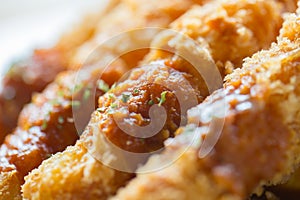 Fried prawn ball or Tempura Shrimps close up with dipping sauce