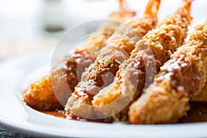 Fried prawn ball or Tempura Shrimps close up with dipping sauce