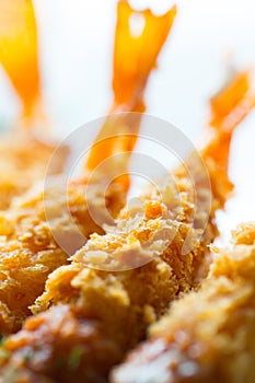 Fried prawn ball or Tempura Shrimps close up with dipping sauce