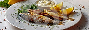 Fried Rainbow Smelt Fish with Tartar Sauce, Small Sea Sardines, Sprats or Roasted Anchovies Snack