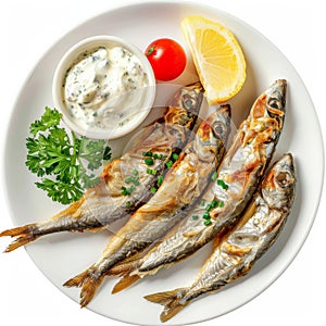 Fried Rainbow Smelt Fish with Tartar Sauce, Small Sea Sardines, Sprats or Roasted Anchovies Snack