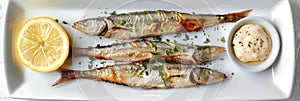 Fried Rainbow Smelt Fish with Tartar Sauce, Small Sea Sardines, Sprats or Roasted Anchovies Snack