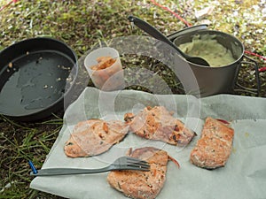 Fried red trout fish fillet of freshly caught arctic char with with mashed potatoes and ripe cloudberries with outdoor