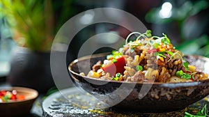 Fried rice with beef and vegetables in a bowl on the table.