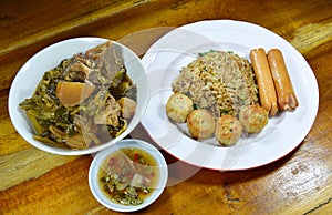 Fried rice in black soy sauce and Chinese vegetable stew