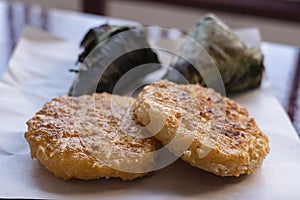 Fried rice - cakes, a traditional Thai street-food. freshly prepared, bought at the market. Close up