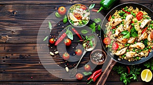fried rice with chicken and vegetables sizzling in a pan atop a rustic wooden background, viewed from above, arranged