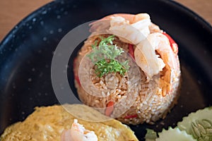 Fried rice with chili paste topped with shrimp