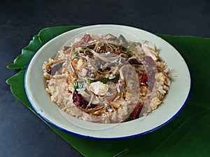 Fried rice with dried chilli and fried anchovies. Malaysia people called Nasi Goreng.