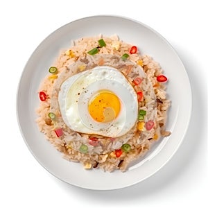 Fried rice with fried egg on a plate isolated on white background