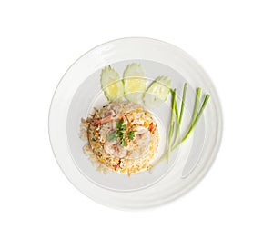 Fried rice with shrimp in round white dish isolated on white background. Thai Food concept