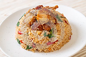 fried rice with Thai basil and crispy belly pork photo