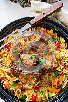 Fried rice with vegetables and meat photo