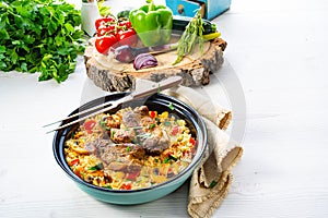 Fried rice with vegetables and meat photo
