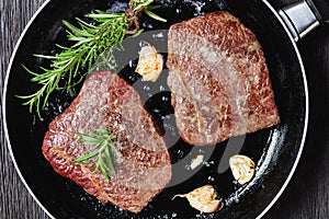 Fried rump beef steaks in a skillet