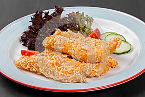 Fried salmon fillet with vegetables salad on black plate on dark background.