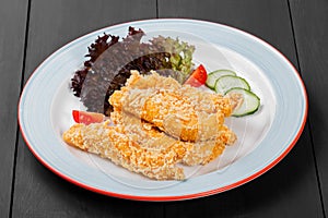 Fried salmon fillet with vegetables salad on black plate on dark background