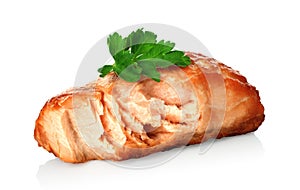 Fried Salmon fish steak whith green scum, on white background photo
