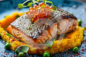 Fried Salmon Steak, Cooked Red Fish, Trout Fillet with Pumpkin Puree and Green Pea Mash