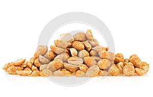 Fried and salted peanuts pile isolated on white background