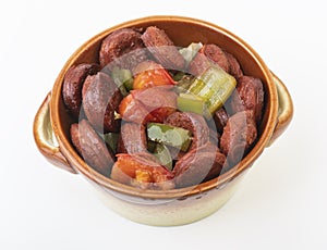 Fried Sausage with vegetables in a bowl  on white background
