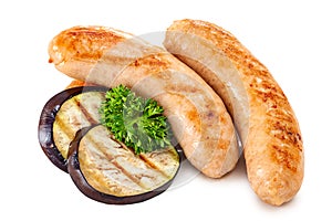 Fried sausages. Homemade sausages from turkey chicken fried isolated on white background. Meat product.