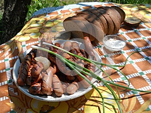 Fried sausages on a white plate