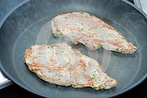 Fried schnitzel on a teflon frying pan photo