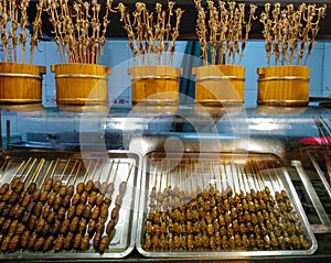 Fried scorpions on the stick. Snack street in Beijing China. Asian cuisine