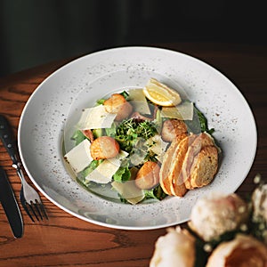 Fried Sea Scallop with White Sauce on Elegant Restaurant Plate. Gourmet Clams Meat with Fresh Lettuce Leaves