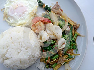 Fried Seafood with spicy herbs. Thai spicy herb food