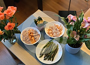 Fried shrimp and aspargus top view