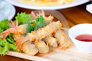 Fried shrimp ball or Tempura Shrimps in wood