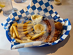 A fried shrimp, french fries basket at the Shrimp Shack in Islamorada, Florida